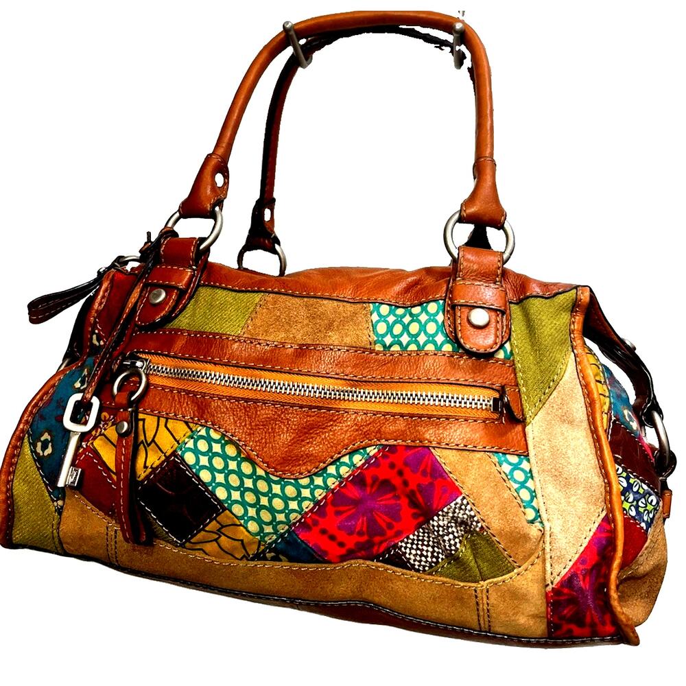 Fossil Multicolor Patchwork Satchel Top Handle Zip, Suede, Quilted Pockets